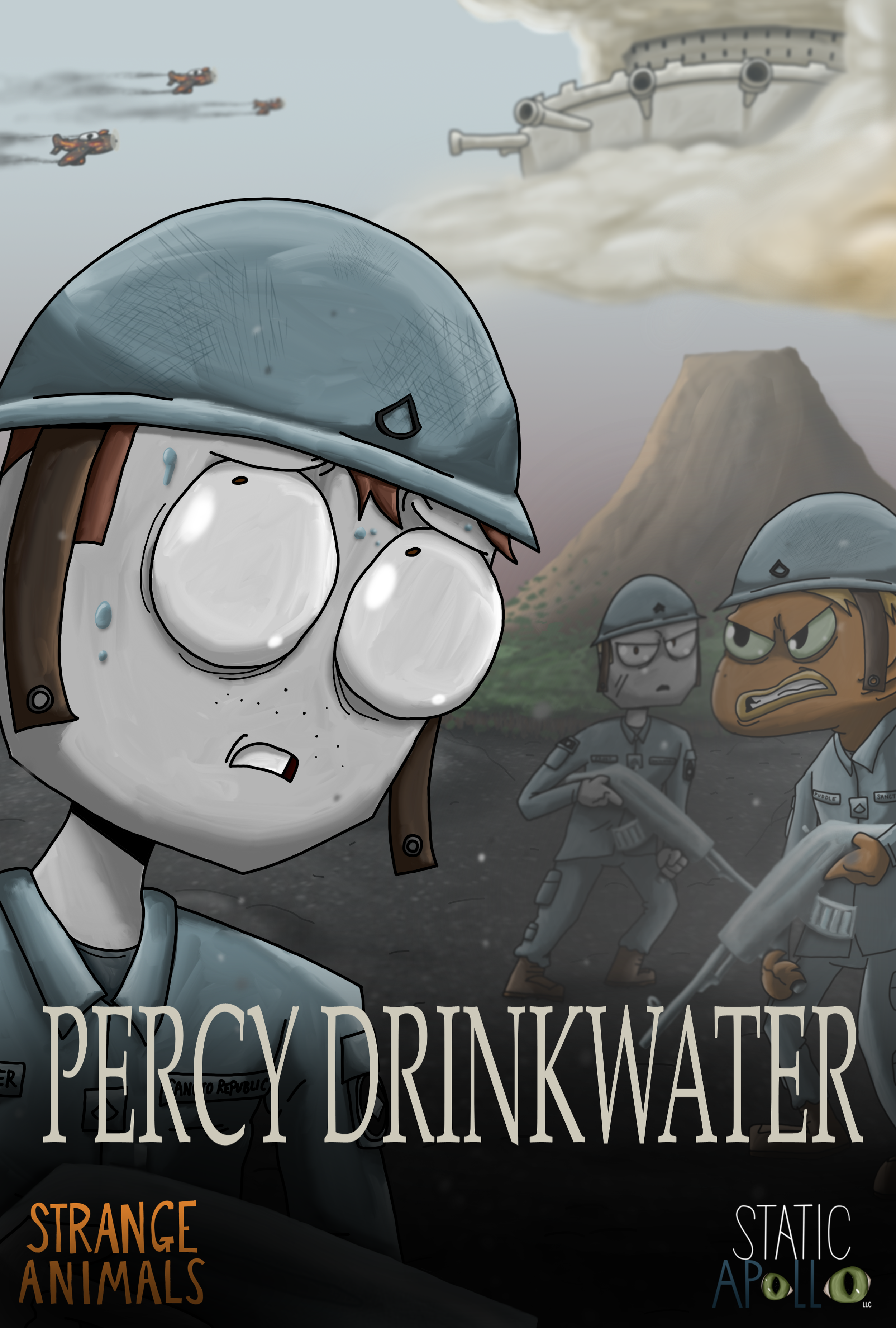 The promotional poster for "Percy Drinkwater" with Percy looking fearfully up, dressed in military fatigues. Soldiers stand behind him. Fighter jets fly towards a massive sky fortress masked in clouds. A large volcano takes up the background. 