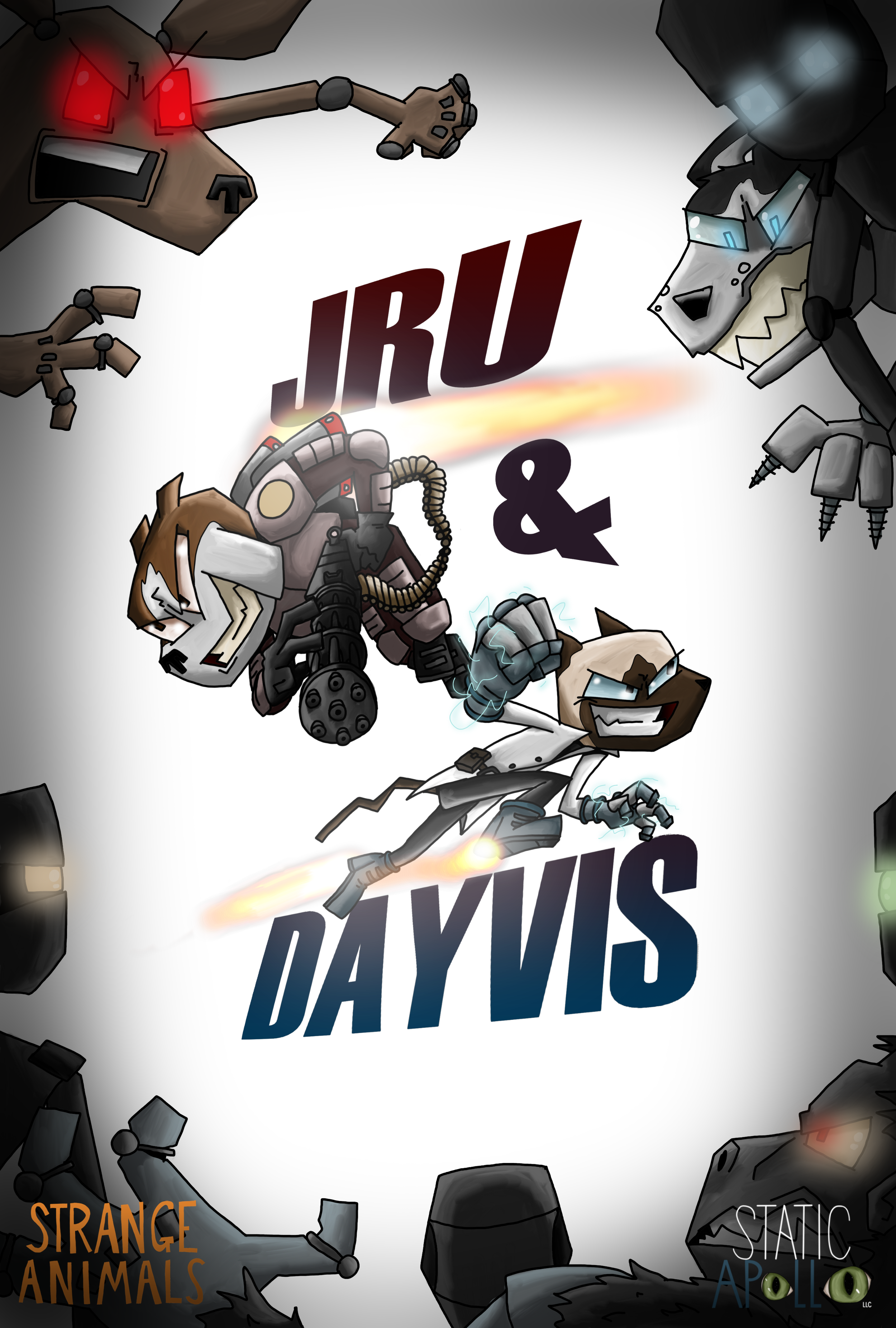 The promotional poster for "Jru & Dayvis" depicting, a white and brown bulldog, Jru, and a Siamese cat, Dayvis, fighting robotic animals to include a wolf, kangaroo, and other animal-like robots with mechanical parts, glowing eyes, and weaponry. 