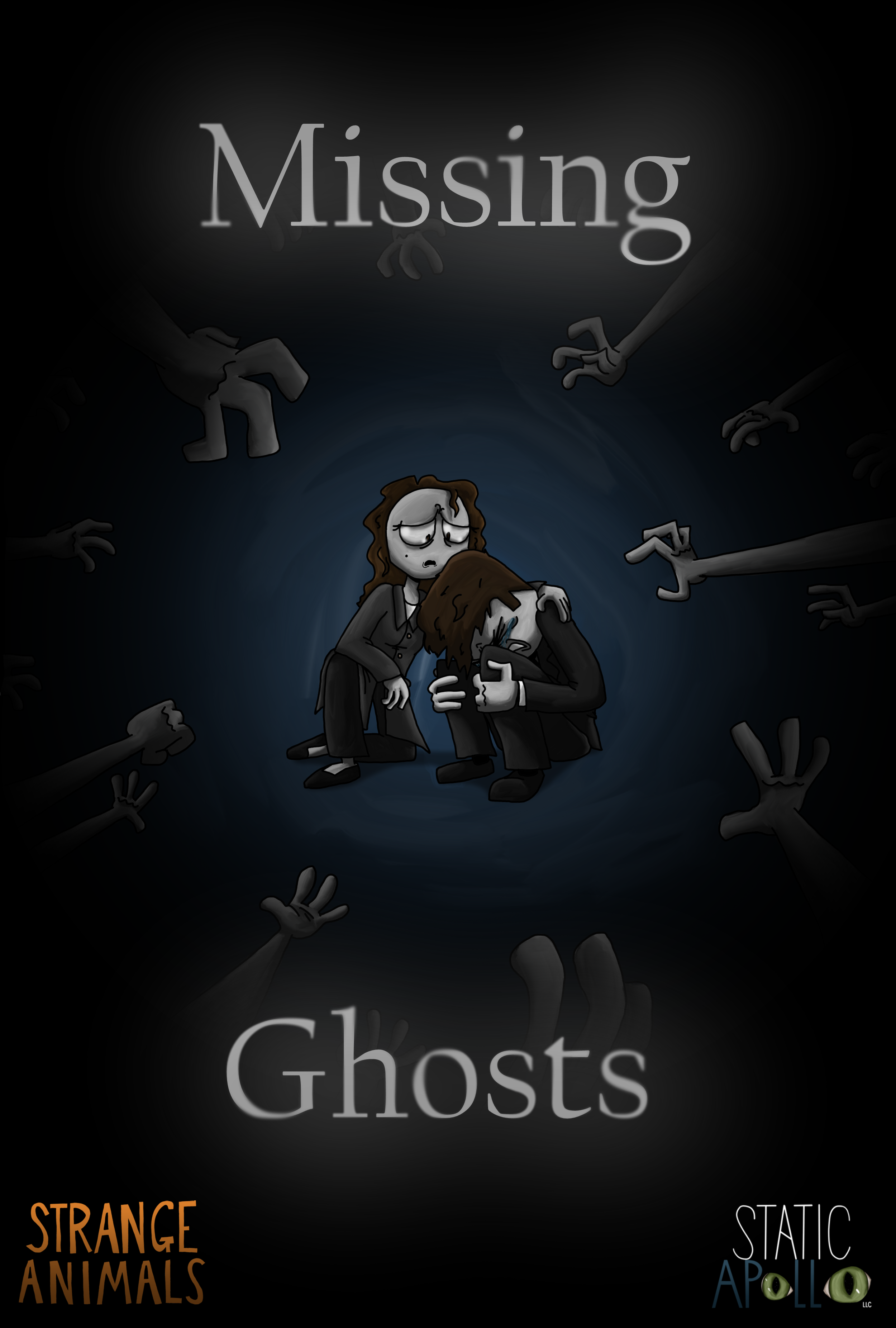The promotional poster for "Missing Ghosts" of a dark illustration with a girl, Penelope, comforting a boy, Axel, surrounded by disembodied hands reaching towards them. 