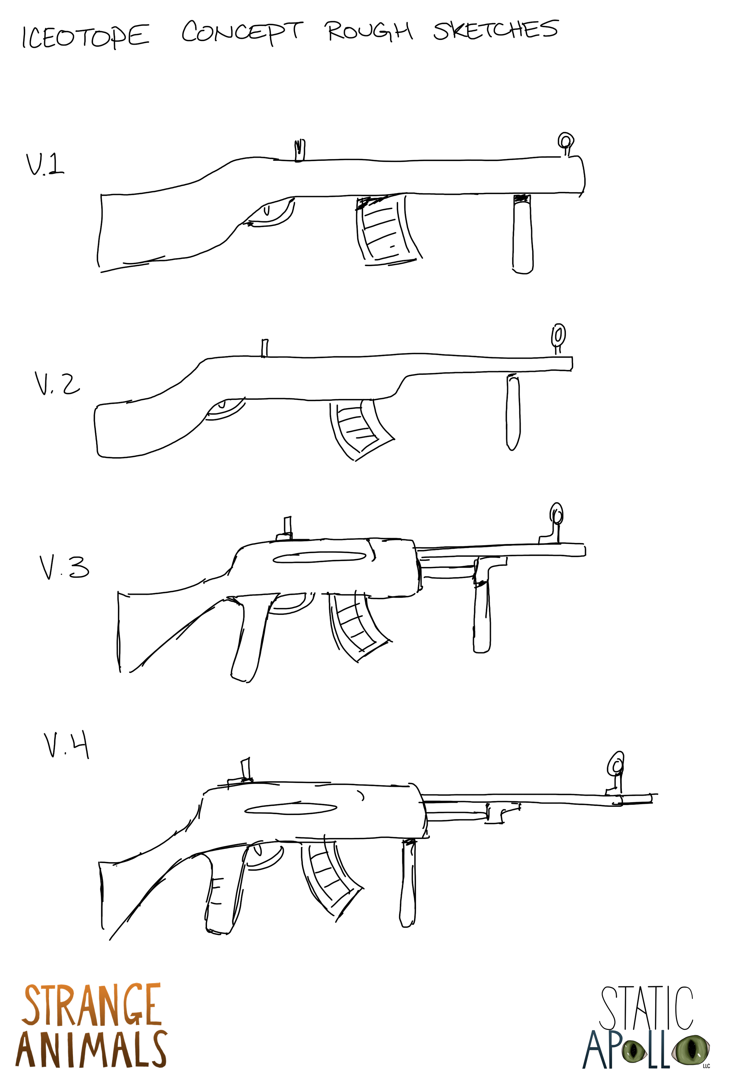 A series of rough sketches of a firearm with different modifications and attachments from Percy Drinkwater, part of Strange Animals. The sketches are labeled V.1 to V.4, and there are text descriptions: "Iceotope Concept Rough Sketches." 