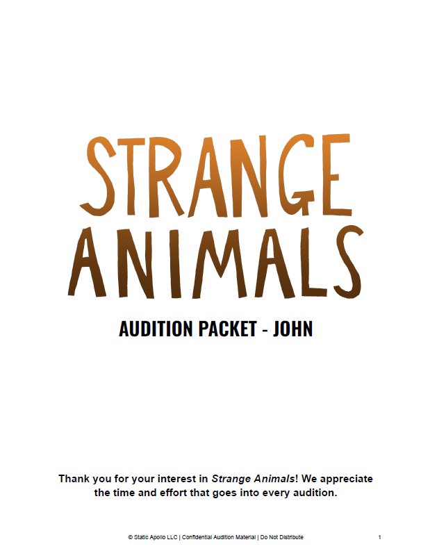 Cover page of an audition packet titled 'Strange Animals' for John, with a thank you note and copyright information at the bottom.