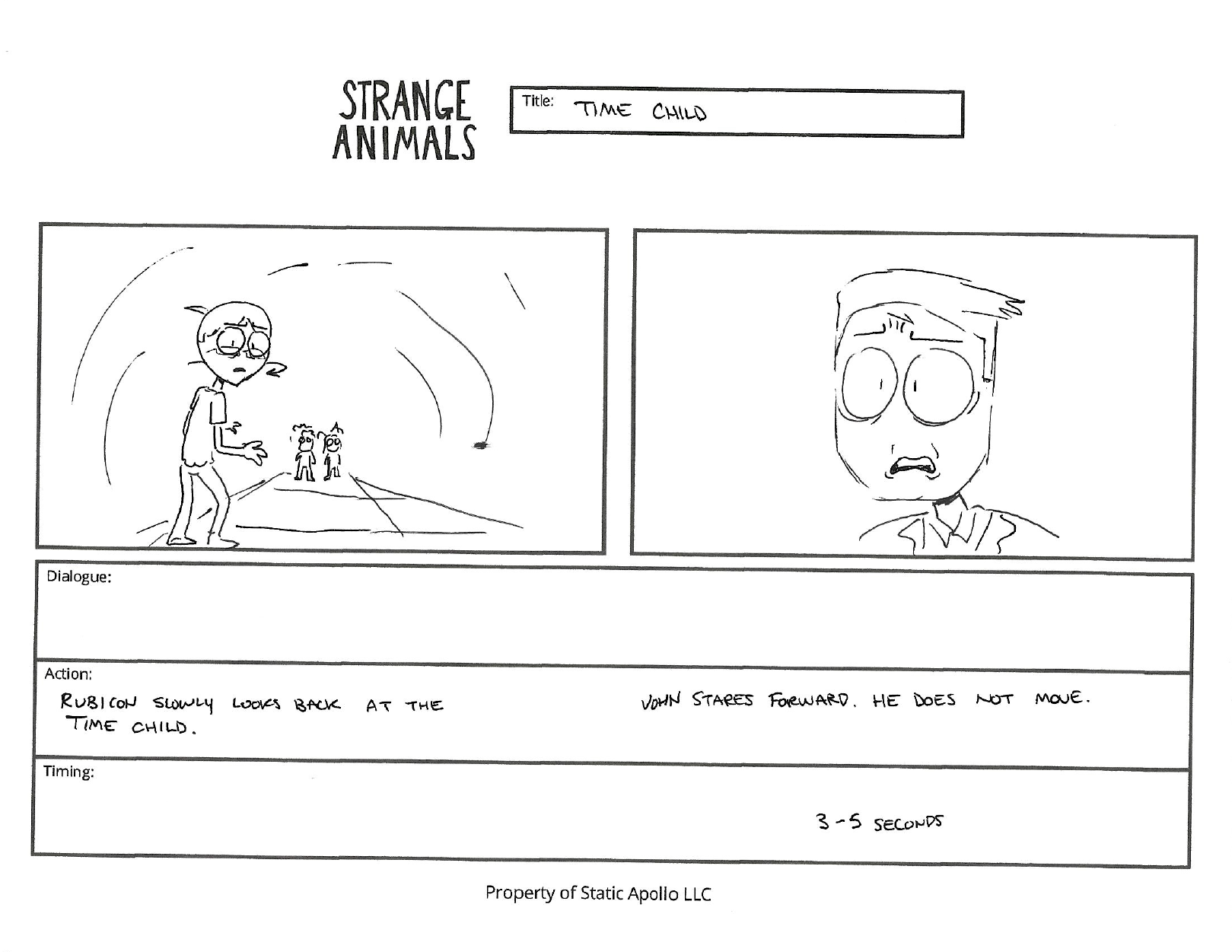 A storyboard from "The Time Child." The first panel has Rubicon looking towards the camera with a crowd in the background. The second panel has a close up of John's face. 