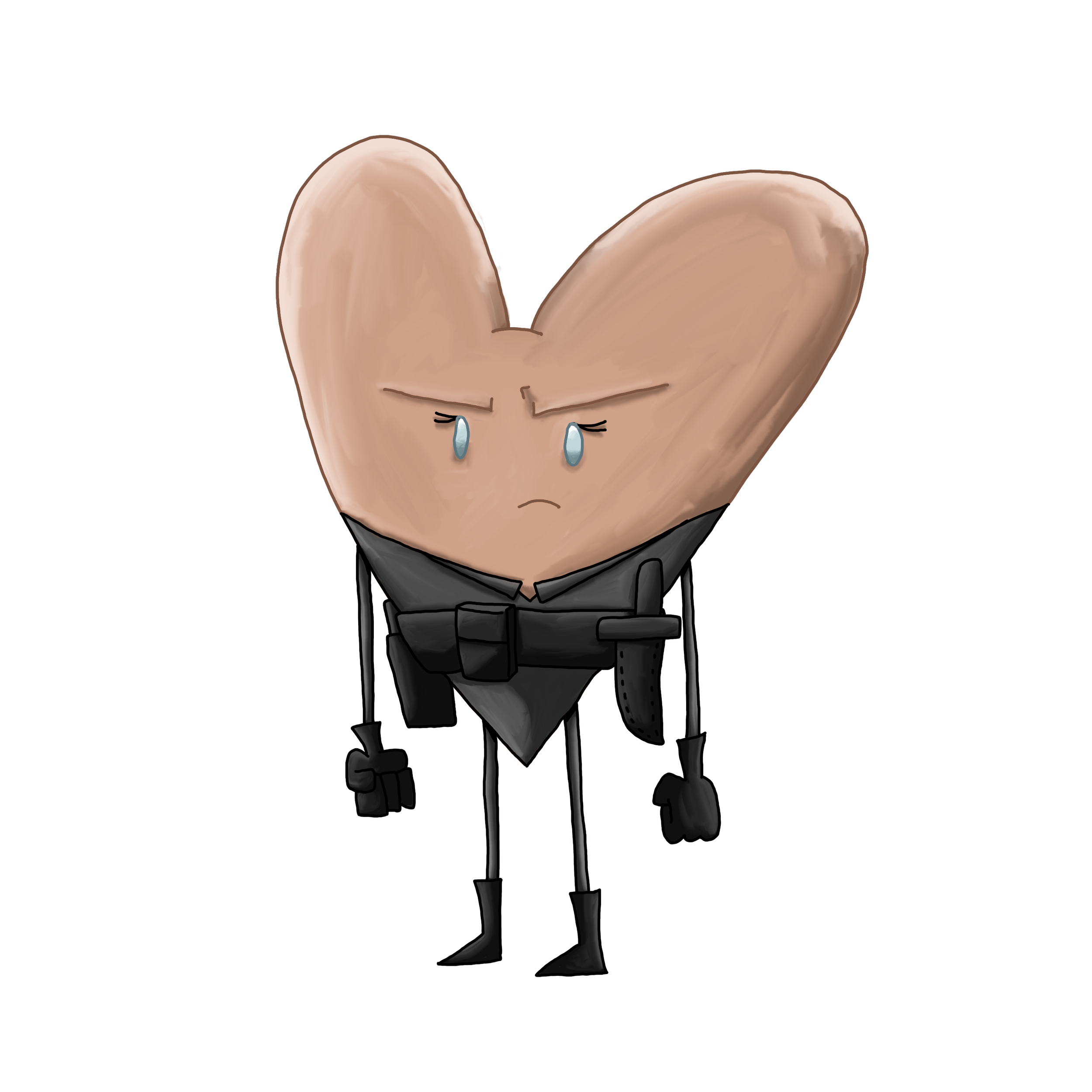 Illustration of Heart from Love Kills, an anthropomorphic heart wearing an assassin suit and looking frustrated.