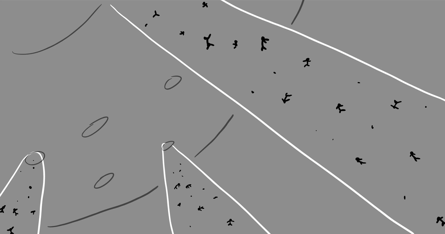 A frame from the "You Are a Good Species" animatic showing hundreds of people being beamed up to an alien spaceship. 