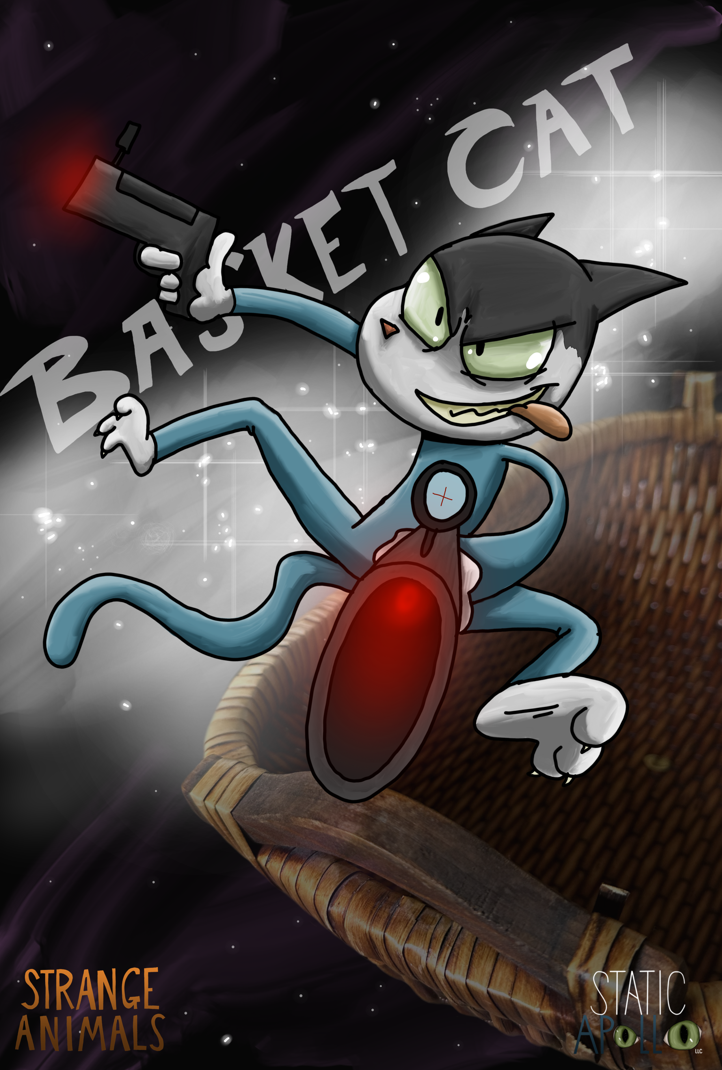 The promotional poster for "Basket Cat." A cartoon cat, Basket Cat, with green eyes, gray and white fur, sticking out tongue, and jumping from a wicker basket in space, holding a gun with a red laser. 