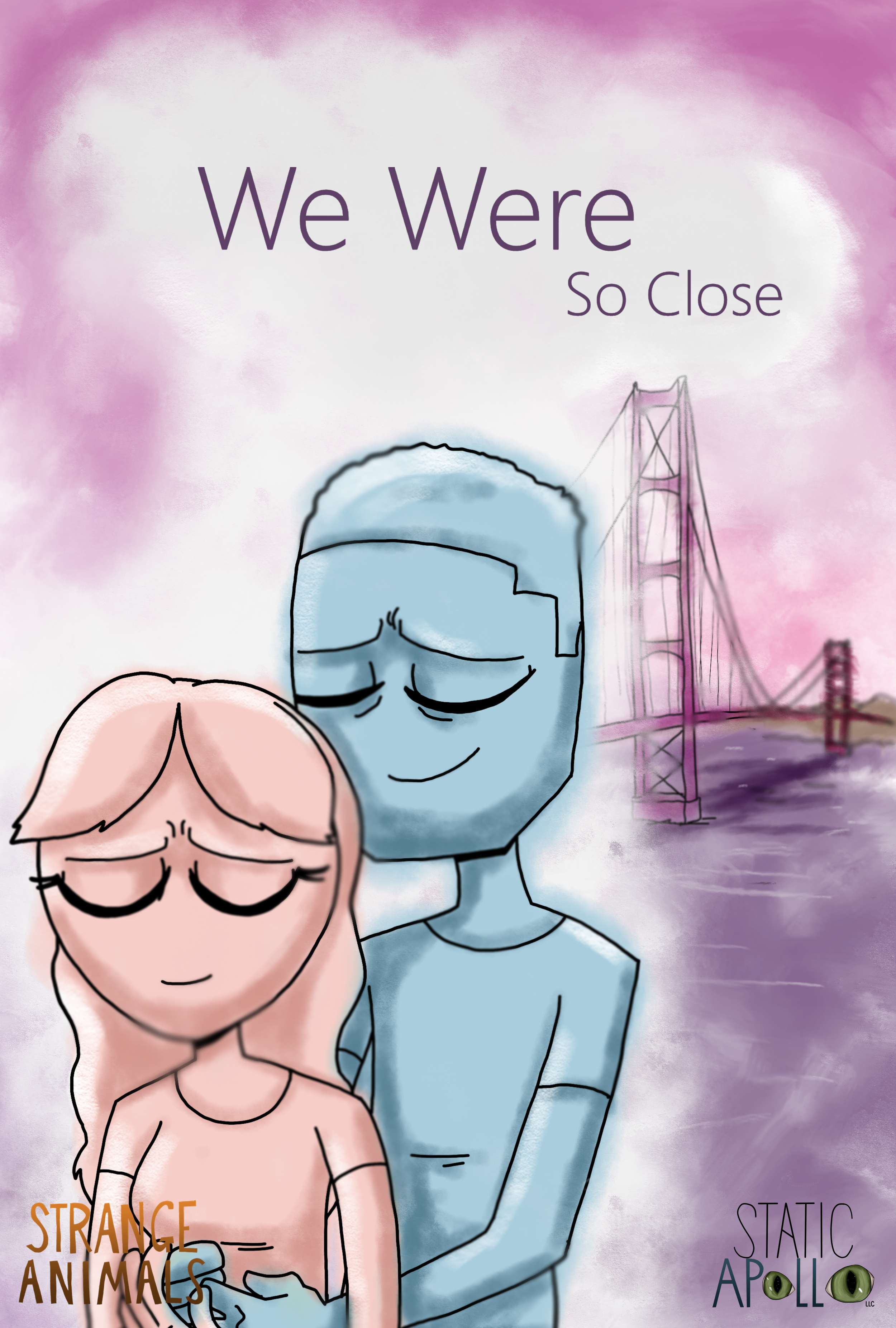 The promotional poster for "We Were So Close" featuring two characters with their eyes closed, Amy and Damion, holding each other against a background with the Golden Gate Bridge and a pastel pink sky.