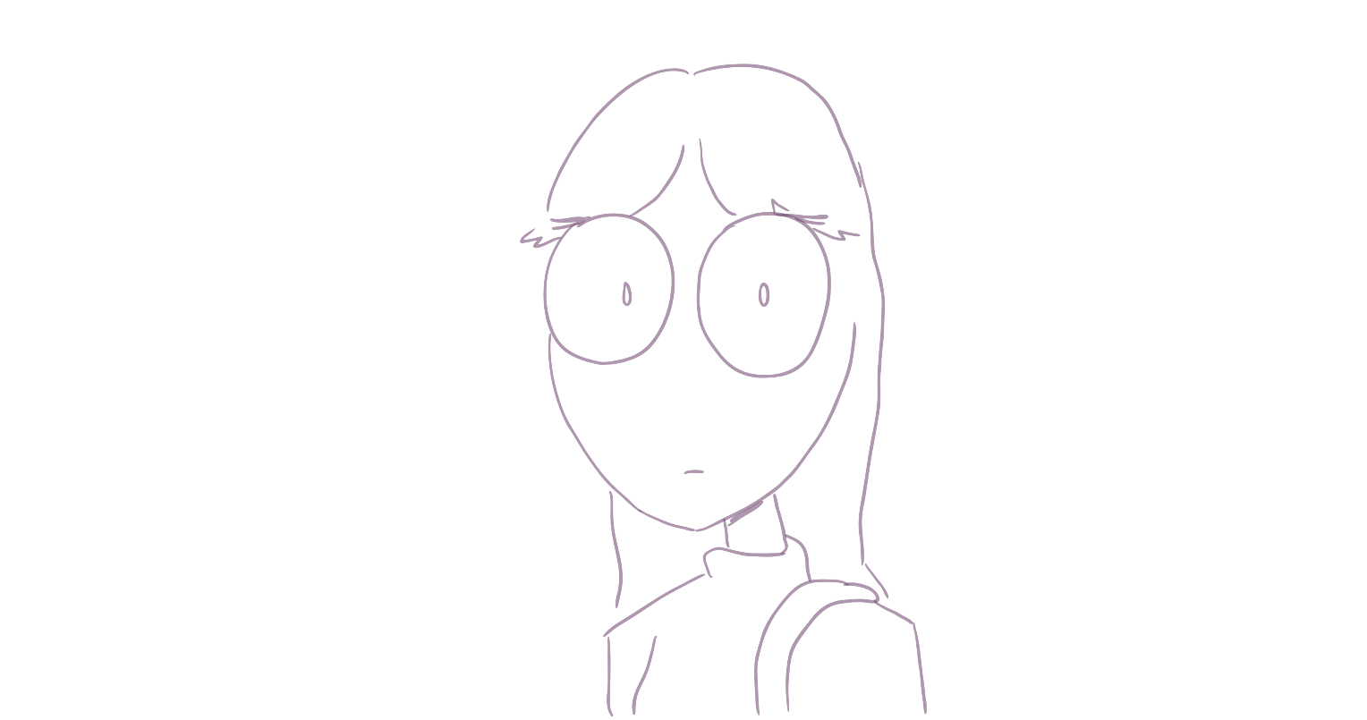 A simple line drawing of a girl with long hair, wide eyes, and a surprised or confused expression, wearing a shirt.