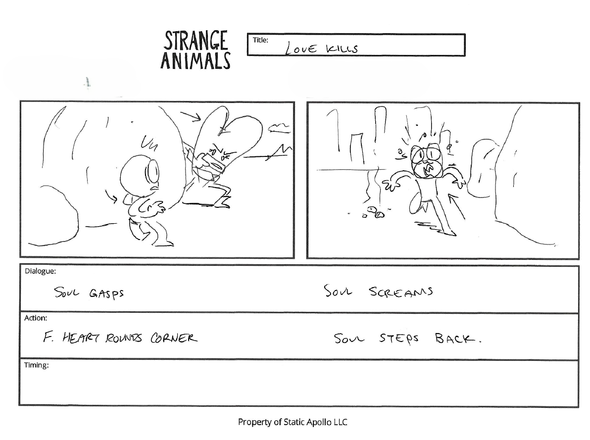 A storyboard from the "Love Kills" short in Strange Animals. The first panel shows the heart rounding the corner with the soul gasping. The second panel has the soul scream and jump back. 