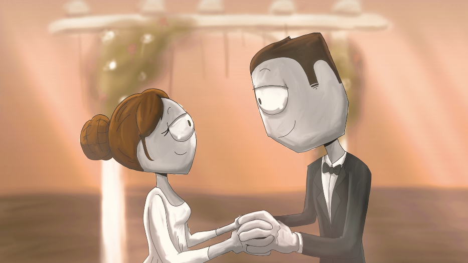 A cartoon couple dances at their wedding reception, holding hands and smiling at each other, in a warmly lit venue.