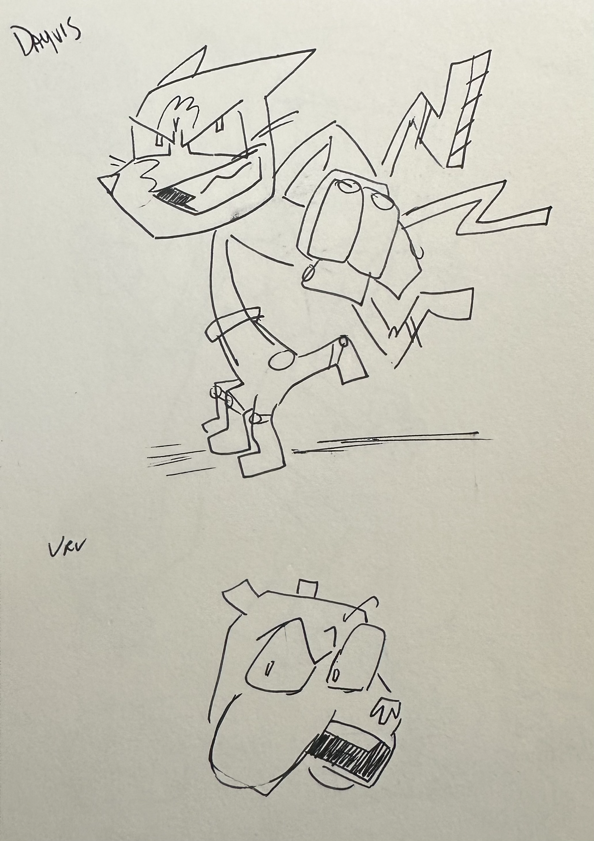 Early pencil concept sketches of Jru and Dayvis, the anthropomorphic dog and cat characters from Jru & Dayvis. 