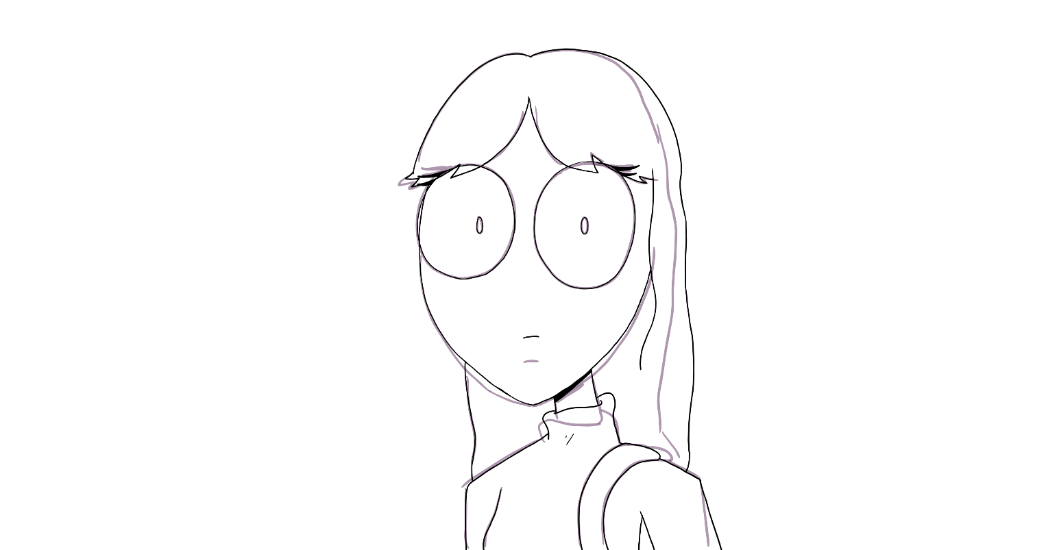 Line drawing of a young woman with long hair, large expressive eyes, and a neutral expression, wearing a high-collared shirt or turtleneck.