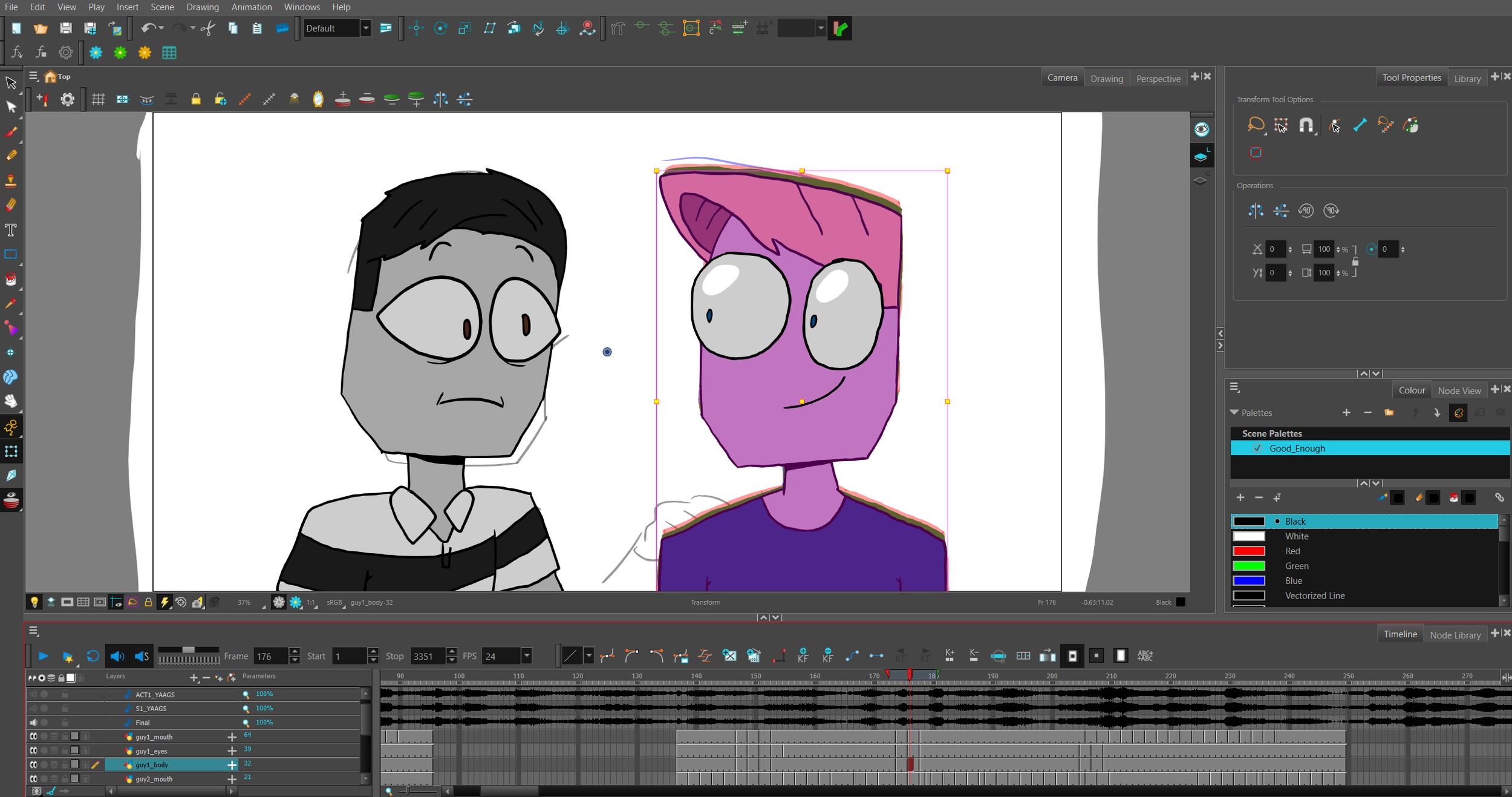 Digital animation software interface showing partially completed animation for "You Are a Good Species." The man on the left, Edward, looks at the man on the right, Ryan. Ryan is selected within the software, so he is highlighted purple. 