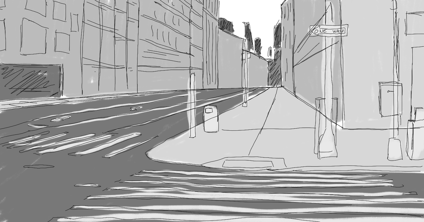 Sketch of an urban city street with tall buildings on both sides, streetlights, a crosswalk, and a street sign that reads 'ONE WAY'.