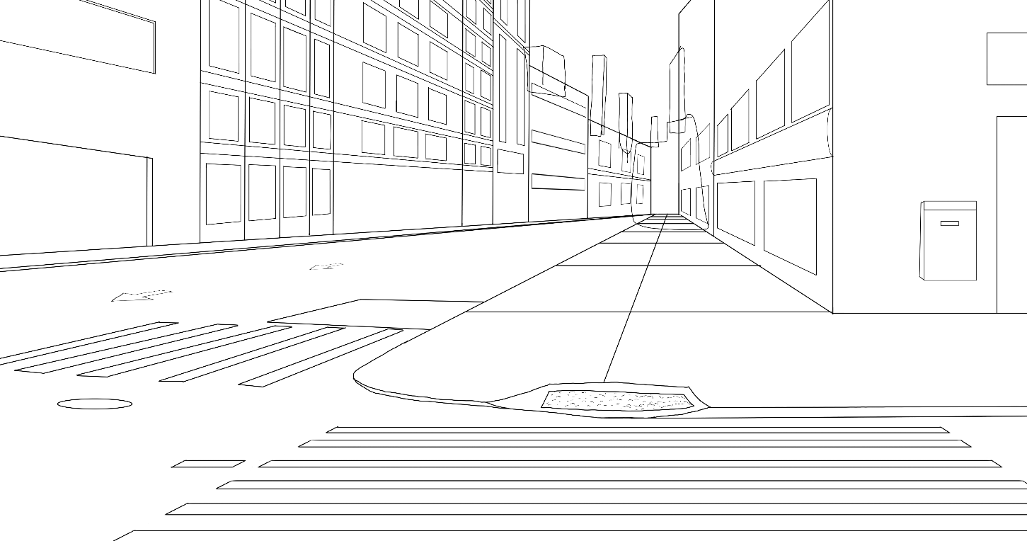 A black and white line drawing of an urban city street, showing buildings on both sides, a crosswalk at the foreground, and a sidewalk with a curb.