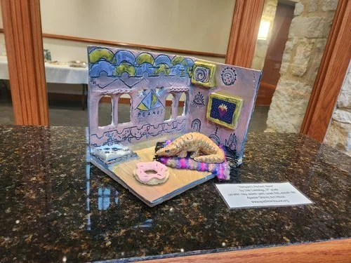 Mixed-media student artwork exhibited together at Riverbend Centre for the Arts