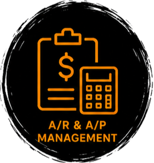 Icon of a clipboard and calculator with dollar sign, with text 'A/R & A/P MANAGEMENT' underneath, all within a circular black background with white sketch-like border.