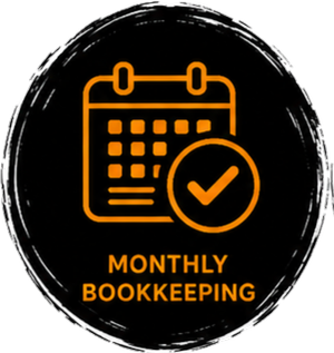 Icon of a calendar with a checkmark, labeled "Monthly Bookkeeping" on a black background.