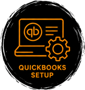 Icon of a laptop with QuickBooks logo, gear symbol, and the text 'QuickBooks Setup' in orange on a black background with a circular border.