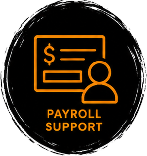 Icon of a paycheck with a dollar sign and user silhouette, labeled 'Payroll Support' in orange on a black background.