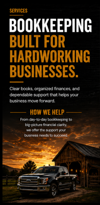 An advertisement promoting bookkeeping services for hardworking businesses. The background features a sunset sky with orange clouds, a rustic barn, and a black pickup truck parked in front.