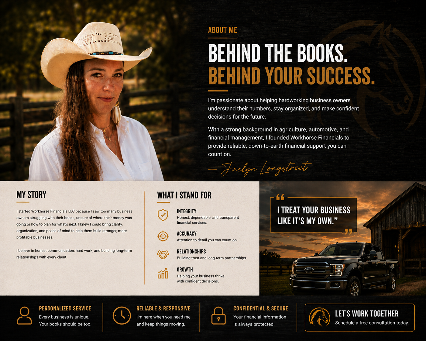 A woman wearing a cowboy hat and white shirt standing outdoors at sunset with a wooden fence in the background, part of a promotional webpage for a financial consulting service.