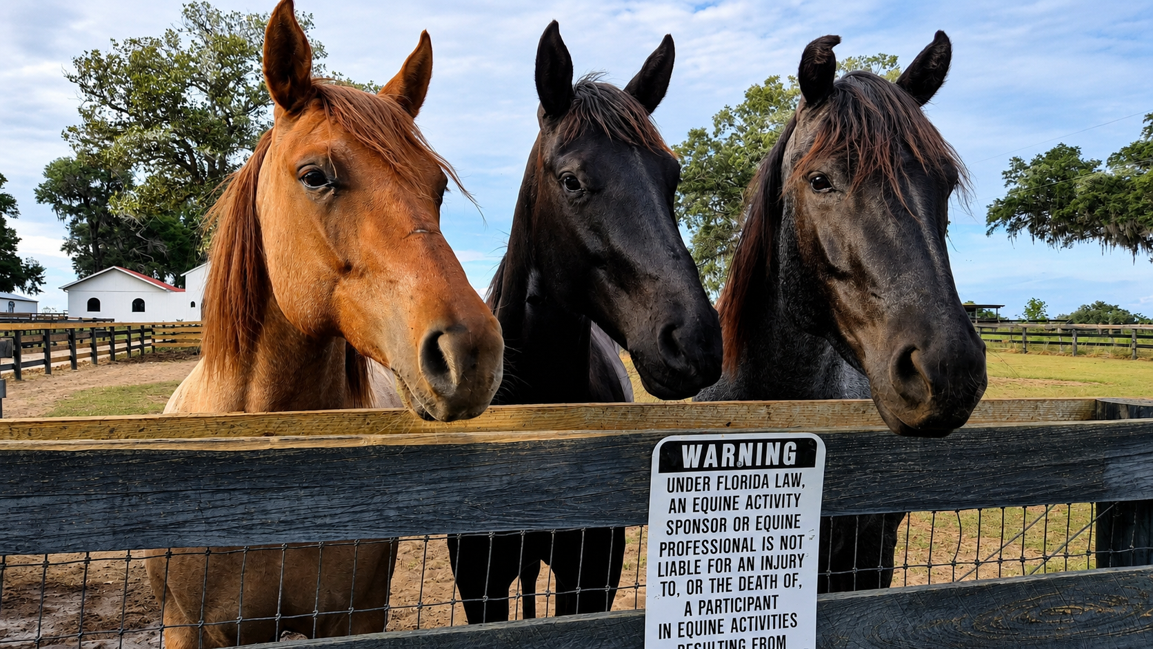 Three horses standing behind a wooden fence with a sign, outdoors on a farm with trees and buildings in the background.