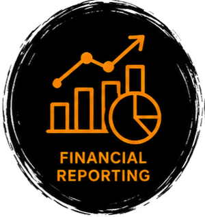 Orange line graph, bar chart, and pie chart on a black background with the words 'Financial Reporting' underneath.