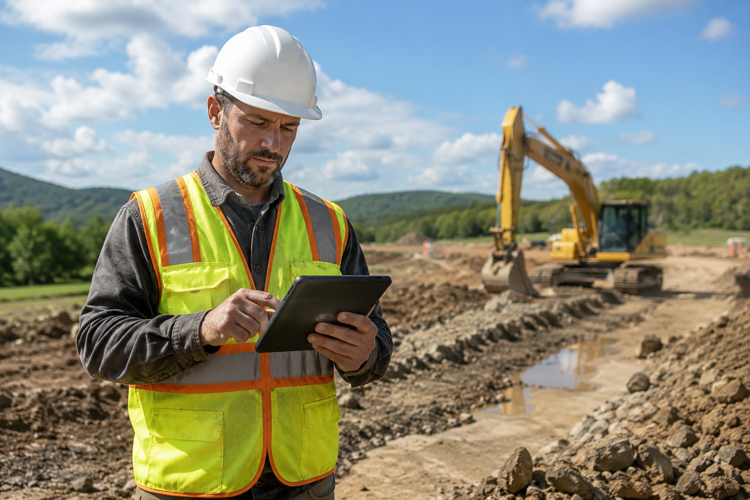 A construction worker in a yellow safety vest and hard hat using a tablet at a construction site with an excavator in the background.