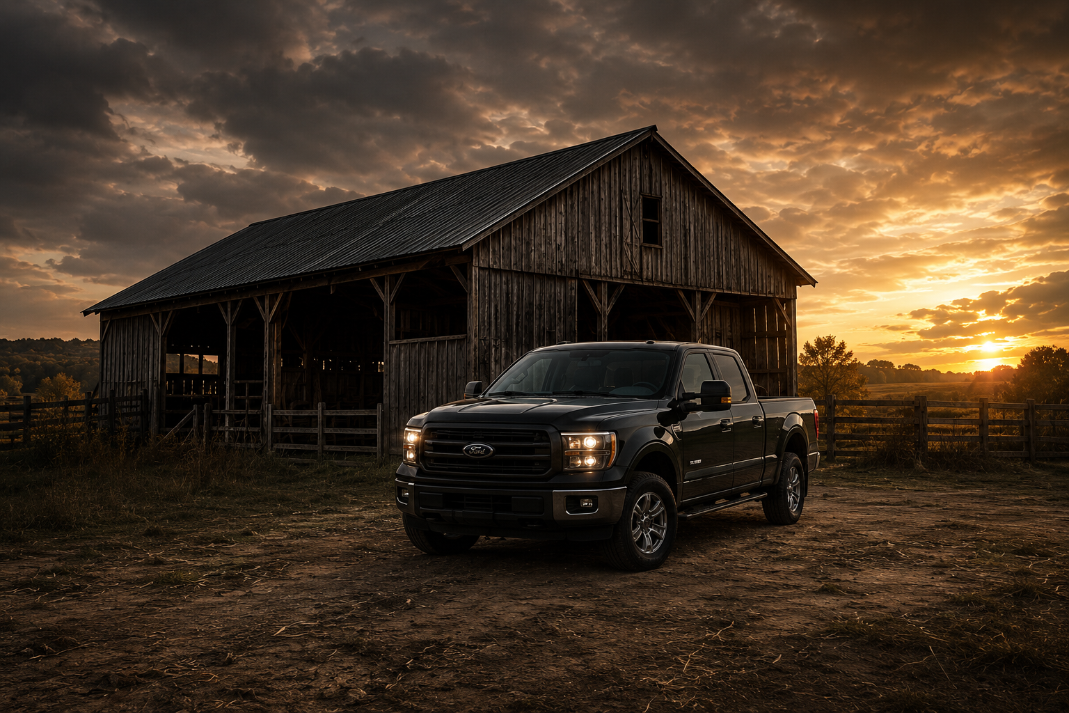 A black Ford pickup truck parked in front of a rustic wooden barn during sunset, with a partly cloudy sky and a rural landscape in the background.