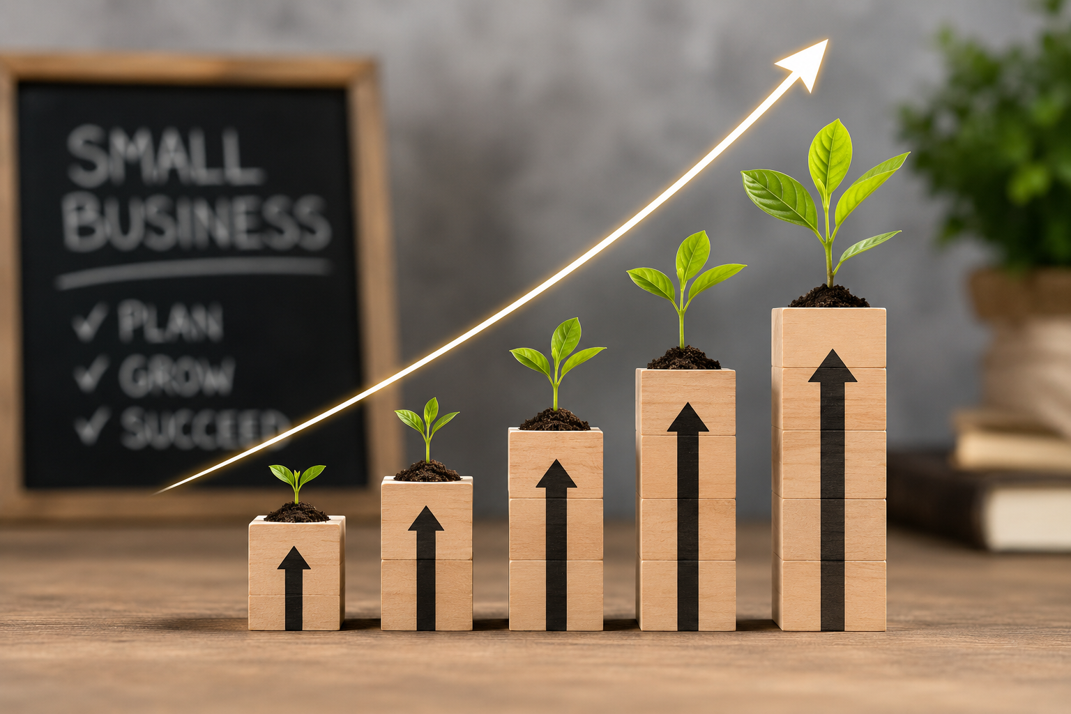 Small plants growing on stacked wooden blocks with upward arrows, symbolizing growth; in the background, a blackboard with 'Small Business' in the header and checkmarks next to planning, growing, and succeeding.