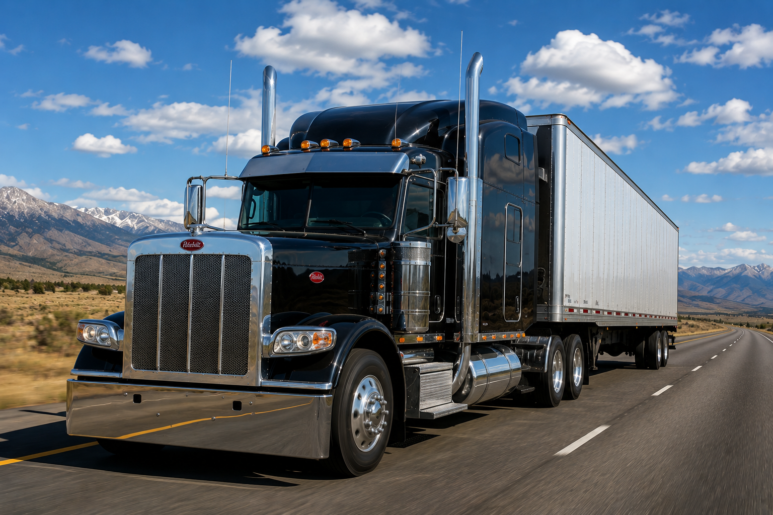 A black Peterbilt semi-truck driving on a highway with mountains and a blue sky with clouds in the background.