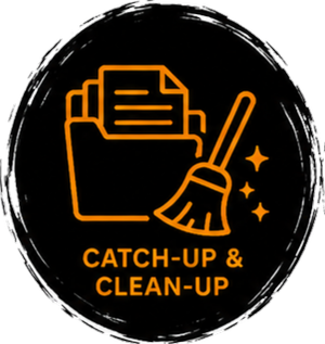 A graphic icon of a folder with papers, a broom, and sparkling stars, with the words 'Catch-up & Clean-up' below.