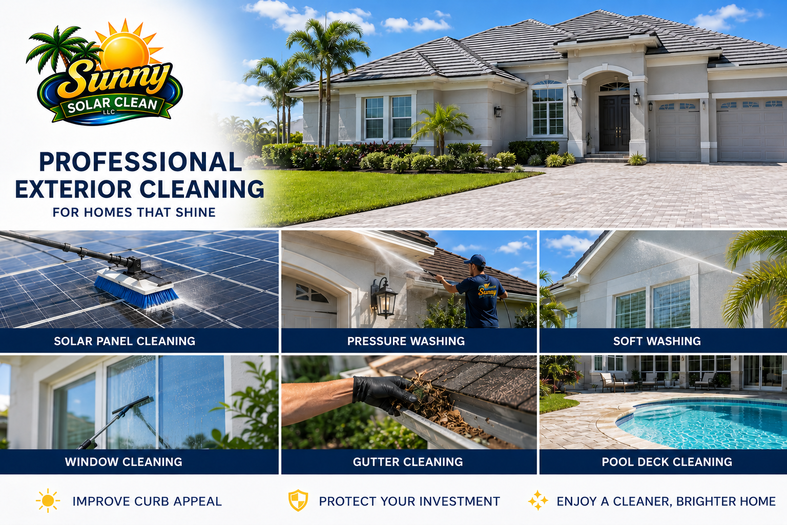 Sunny Solar Clean LLC professional exterior cleaning services including solar panel cleaning, pressure washing, soft washing, gutter cleaning, window cleaning, driveway and pool deck cleaning in Palmetto, Parrish, Bradenton and surrounding Florida co