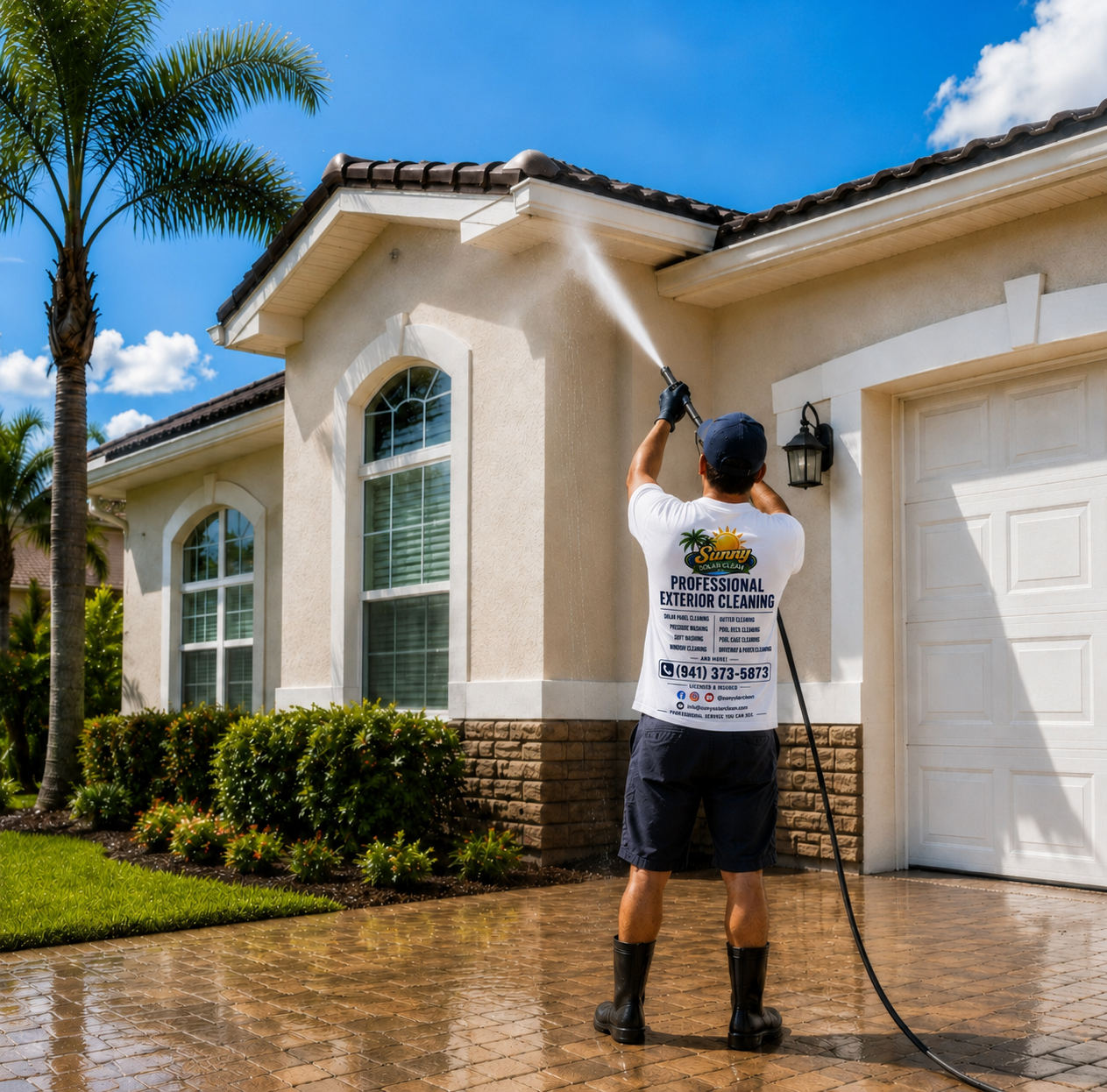 Professional house washing and pressure washing service by Sunny Solar Clean LLC cleaning a residential home exterior in Palmetto, Parrish, Bradenton and surrounding Florida areas.