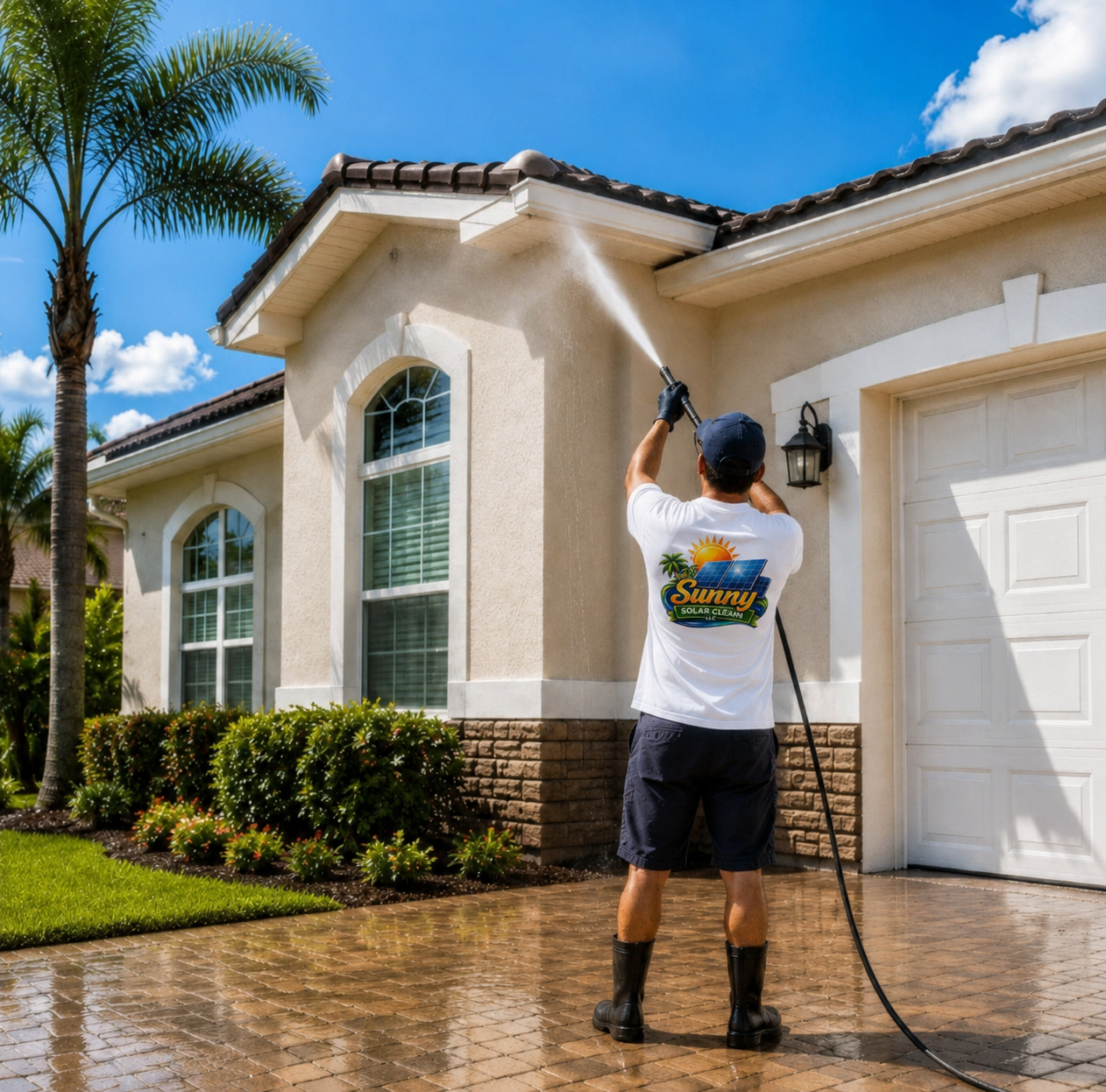 A man wearing a Sunny Solar Clean t-shirt, black shorts, and black boots uses a pressure washer to clean the exterior wall of a house under a blue sky with some clouds. There are palm trees, bushes, and a grassy lawn in the yard.