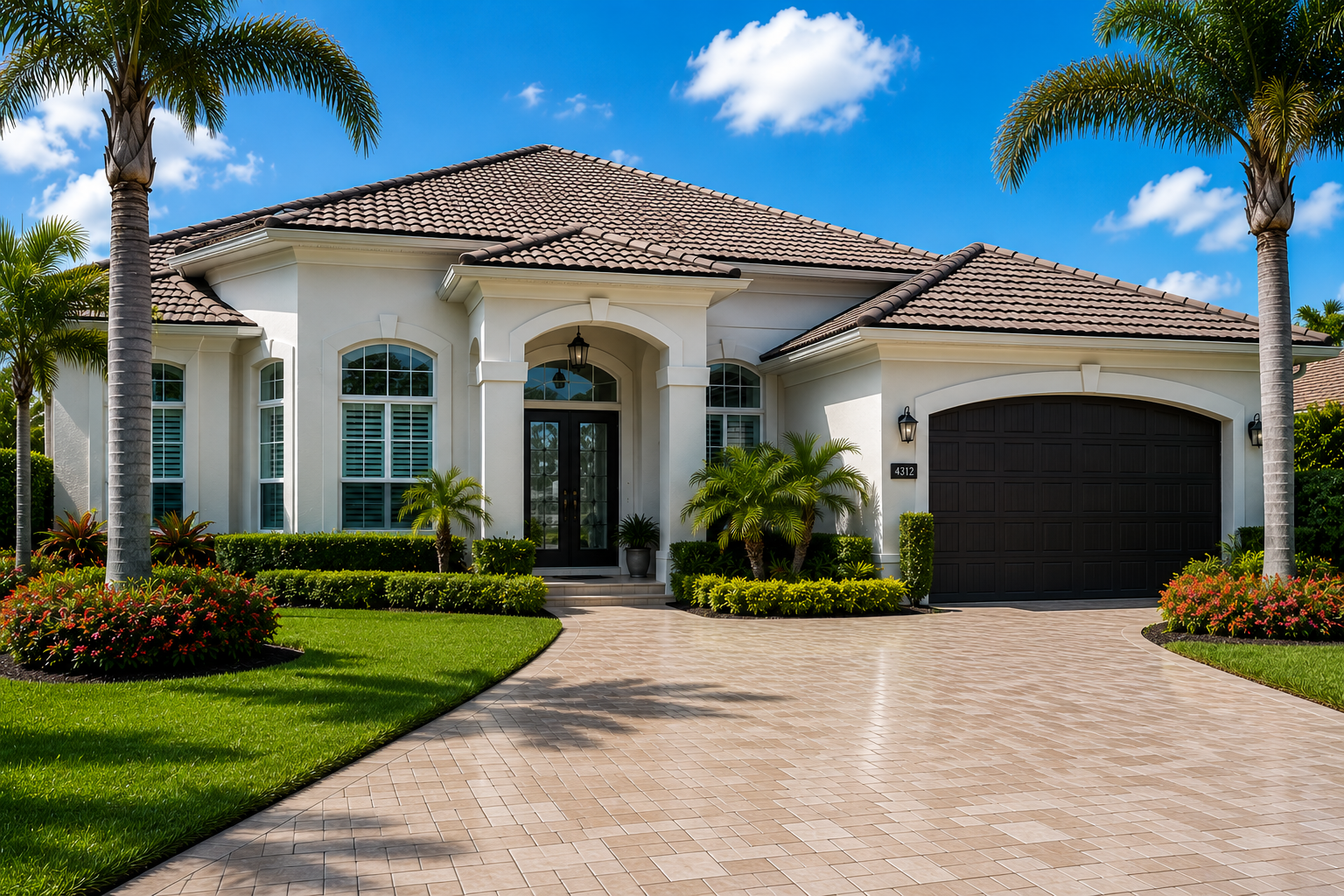 A modern white house with a brown tiled roof, black garage door, and a landscaped front yard with palm trees, green bushes, and colorful flowers, under a blue sky with some clouds.