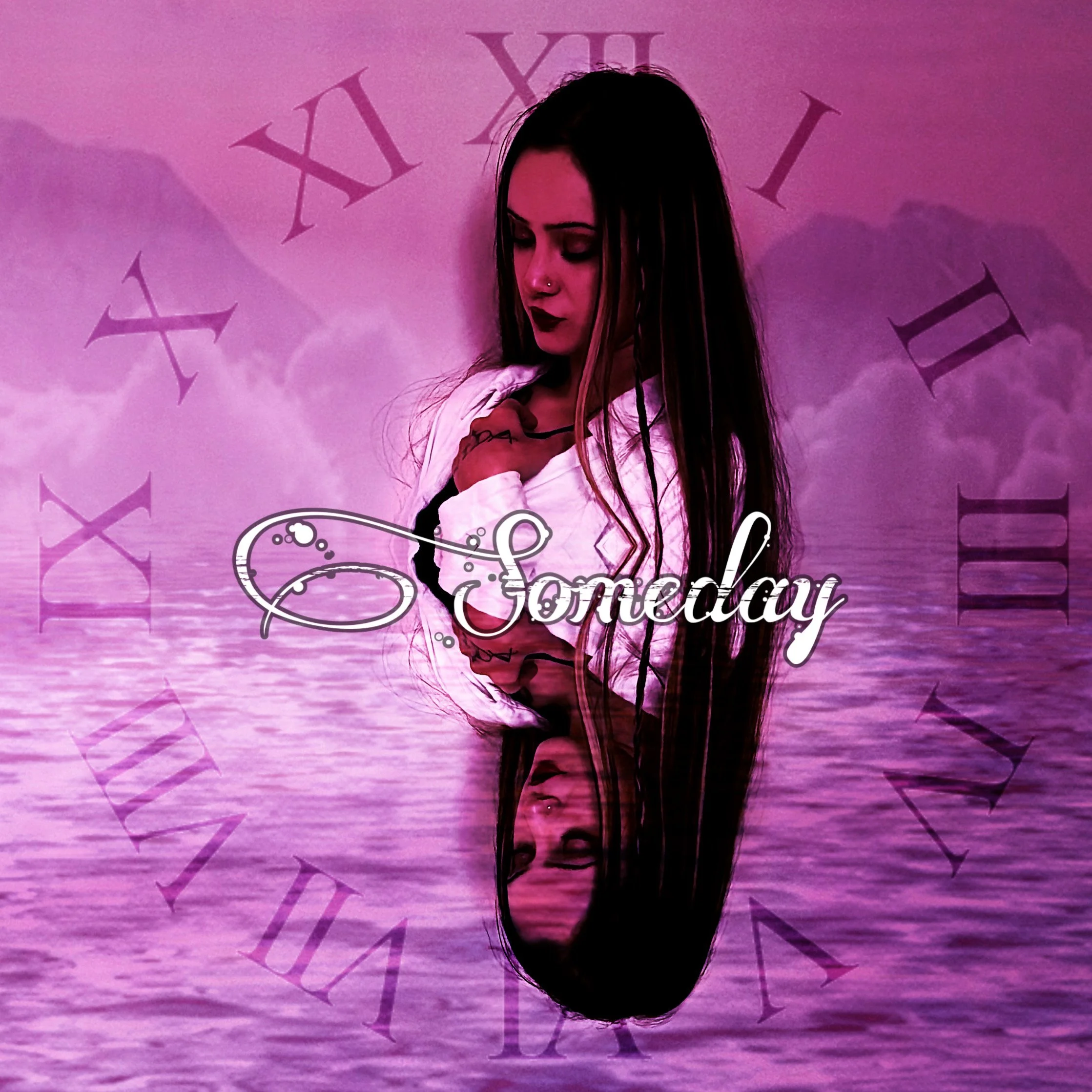A woman with long dark hair and dark makeup, wearing a white top, standing against a purple-pink background with the words 'Happy Valentine's' written in decorative script, with mountains and clouds in the distance.