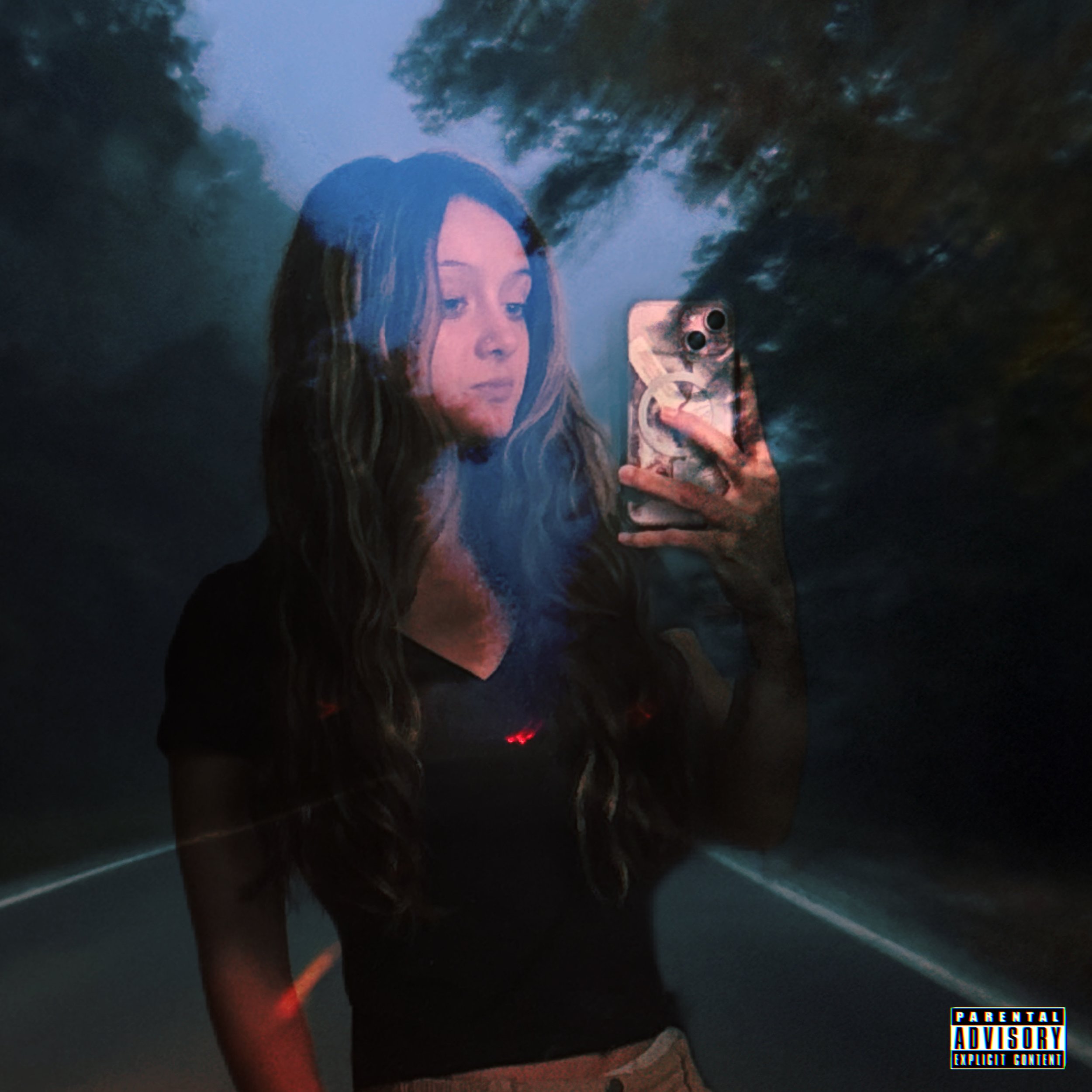 A young woman with long hair, wearing headphones, taking a selfie with a smartphone in a dark environment. The photo has a grainy, artistic style with a parental advisory label in the bottom right corner.