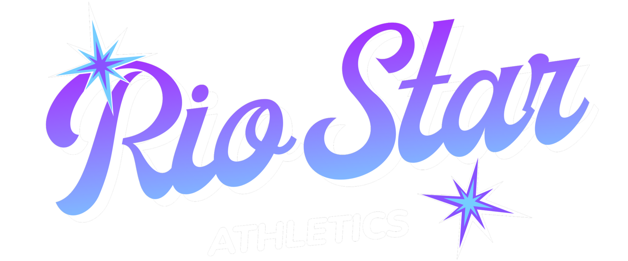 Logo for Rio State Athletics featuring stylized text with stars in purple and blue on a black background.