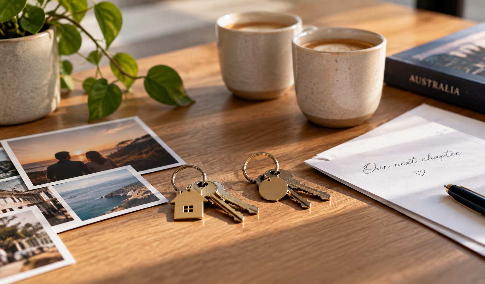 Two sets of keys, photographs and coffee cups representing evidence of a shared life for a partner visa application.