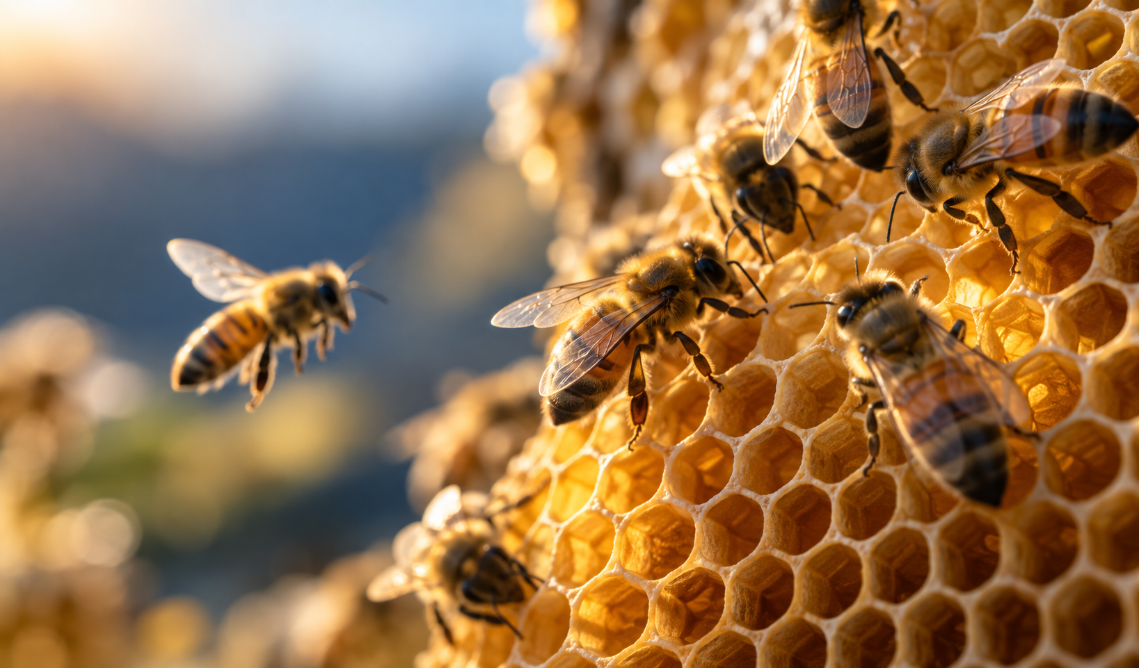 Honeybees working together on a honeycomb, representing teamwork and employer-sponsored migration pathways.
