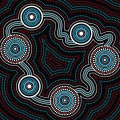 Abstract pattern with concentric circles and dotted lines in blue, white, black, and red on a black background.