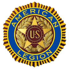 Emblem of the American Legion featuring a gold star, U.S. shield, and laurel branches with the words 'American Legion'