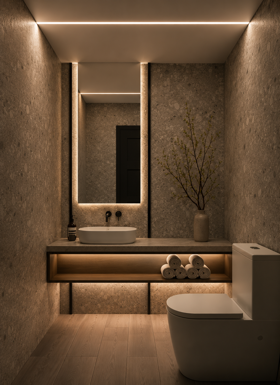 Modern bathroom with stone walls, a large mirror with backlit LED, a white vessel sink, a dark door, a beige vase with branches, rolled towels, and a white toilet.