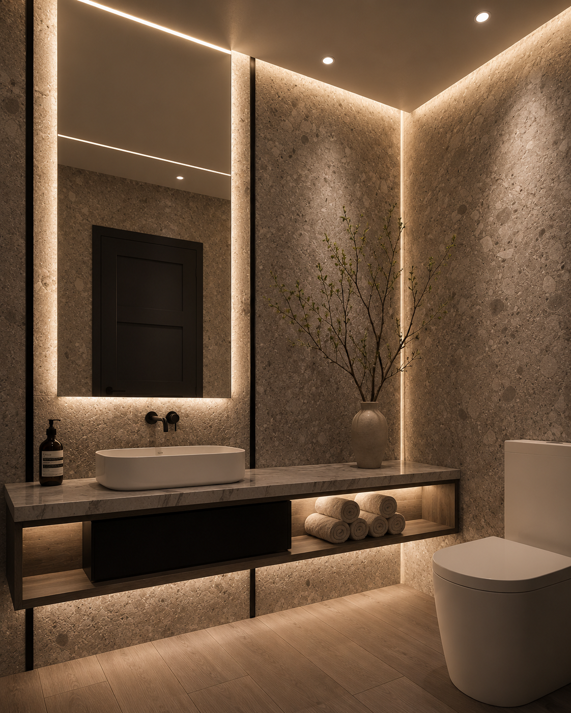 Modern bathroom with textured stone walls, illuminated mirror, vessel sink, black and wood vanity, rolled towels, large vase with branches, and a white toilet.