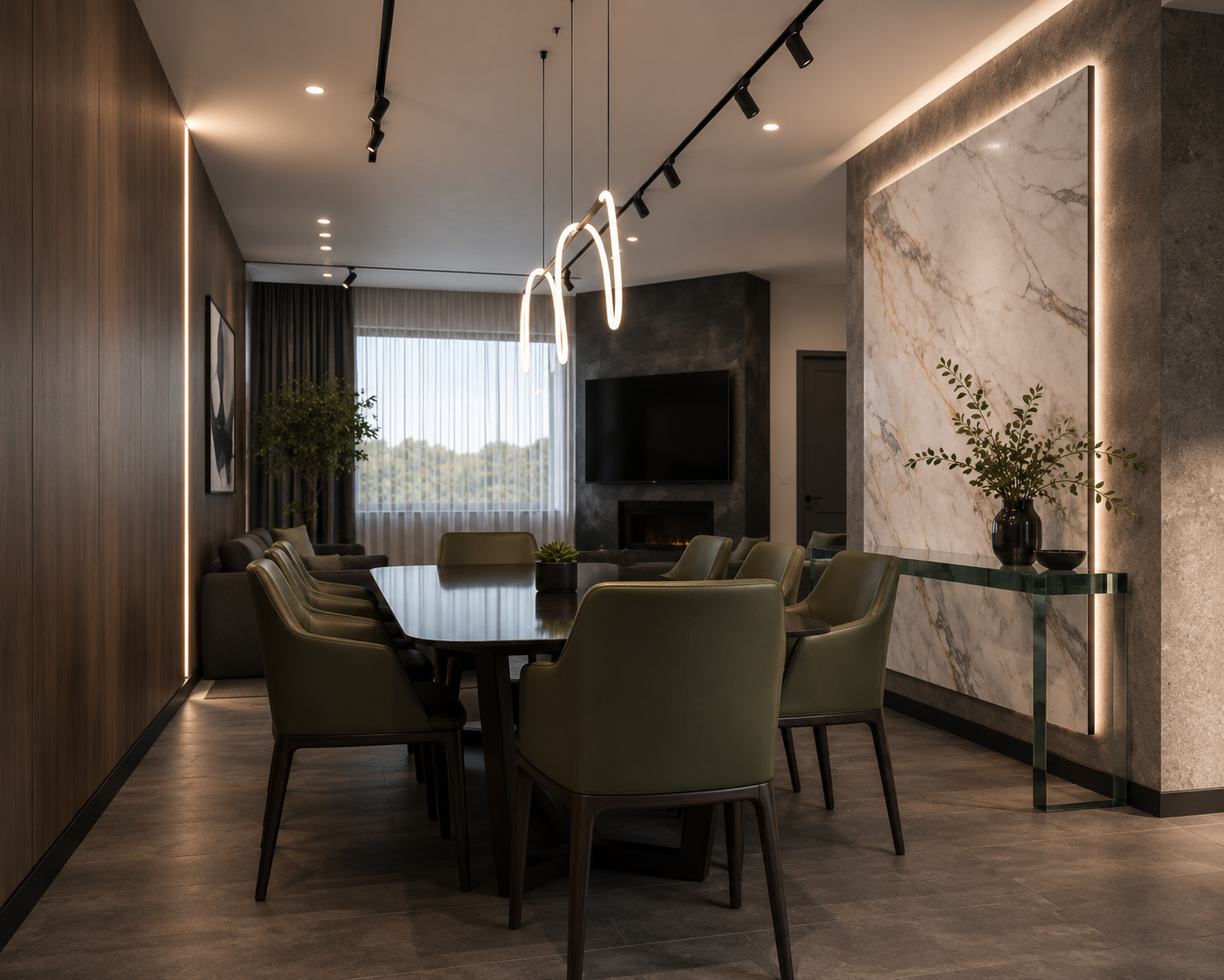 A modern dining room with a dark wood table, surrounded by olive-green chairs, and a pendant light fixture hanging above. In the background, there are large windows with sheer curtains, a marble accent wall with a backlit outline, a flat-screen TV, a