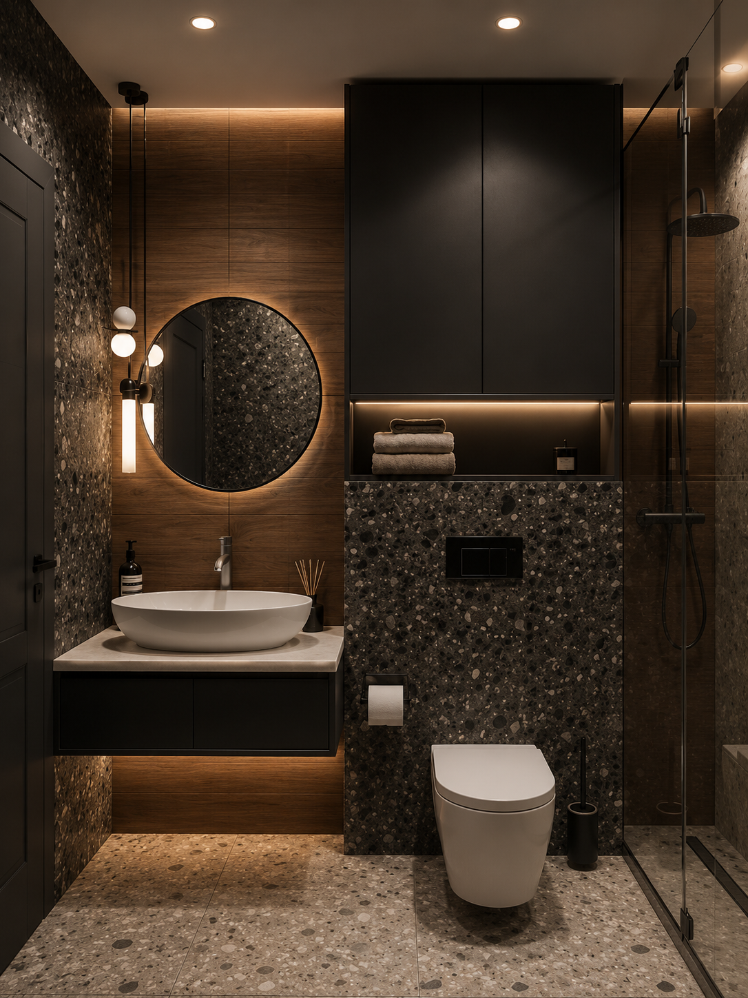 Modern bathroom with black and wood accents, terrazzo flooring, a round mirror, black cabinetry, a vessel sink, and a walk-in shower.