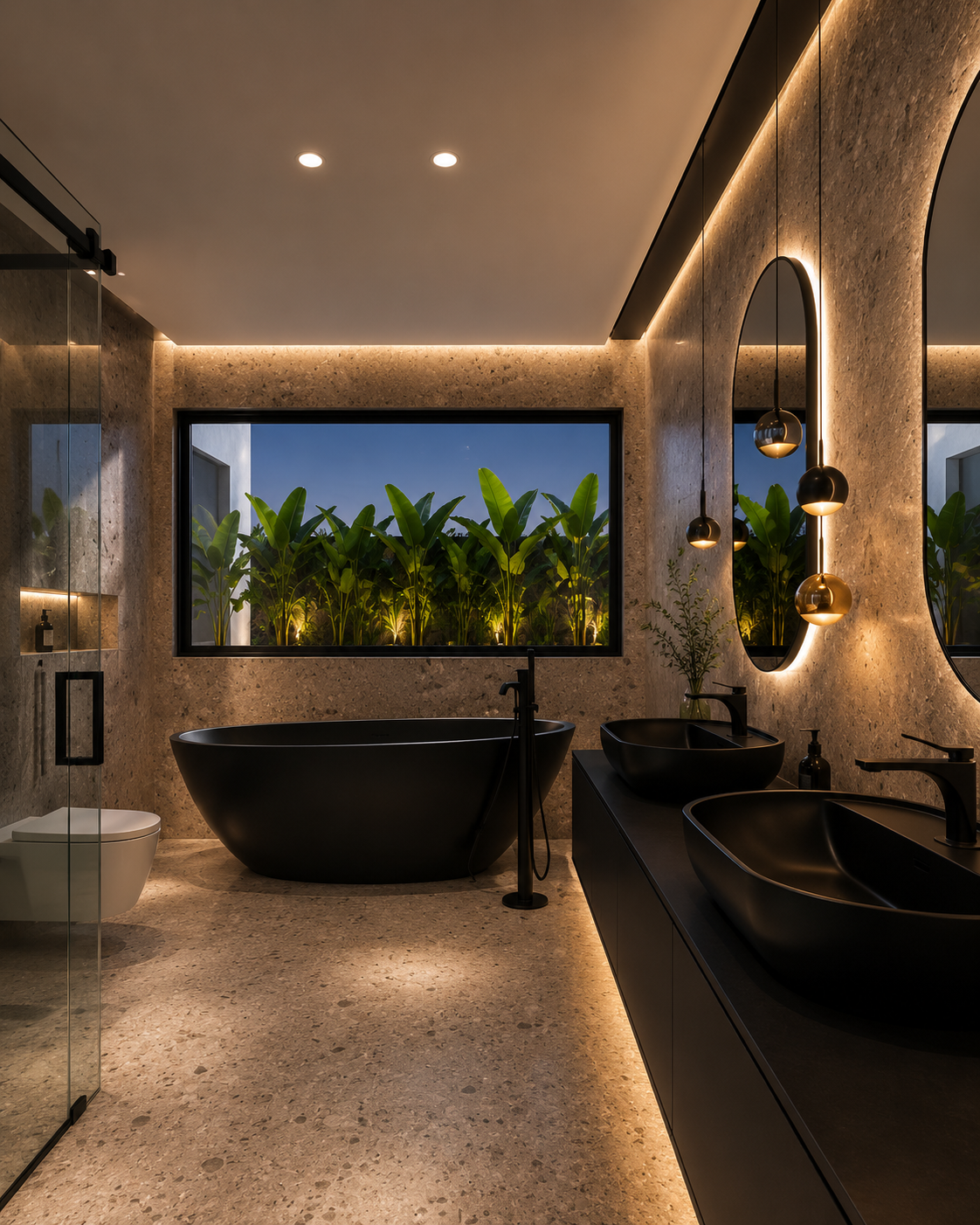 Modern bathroom with black freestanding tub, double black sinks, large window with tropical plants outside, and stylish pendant lighting.