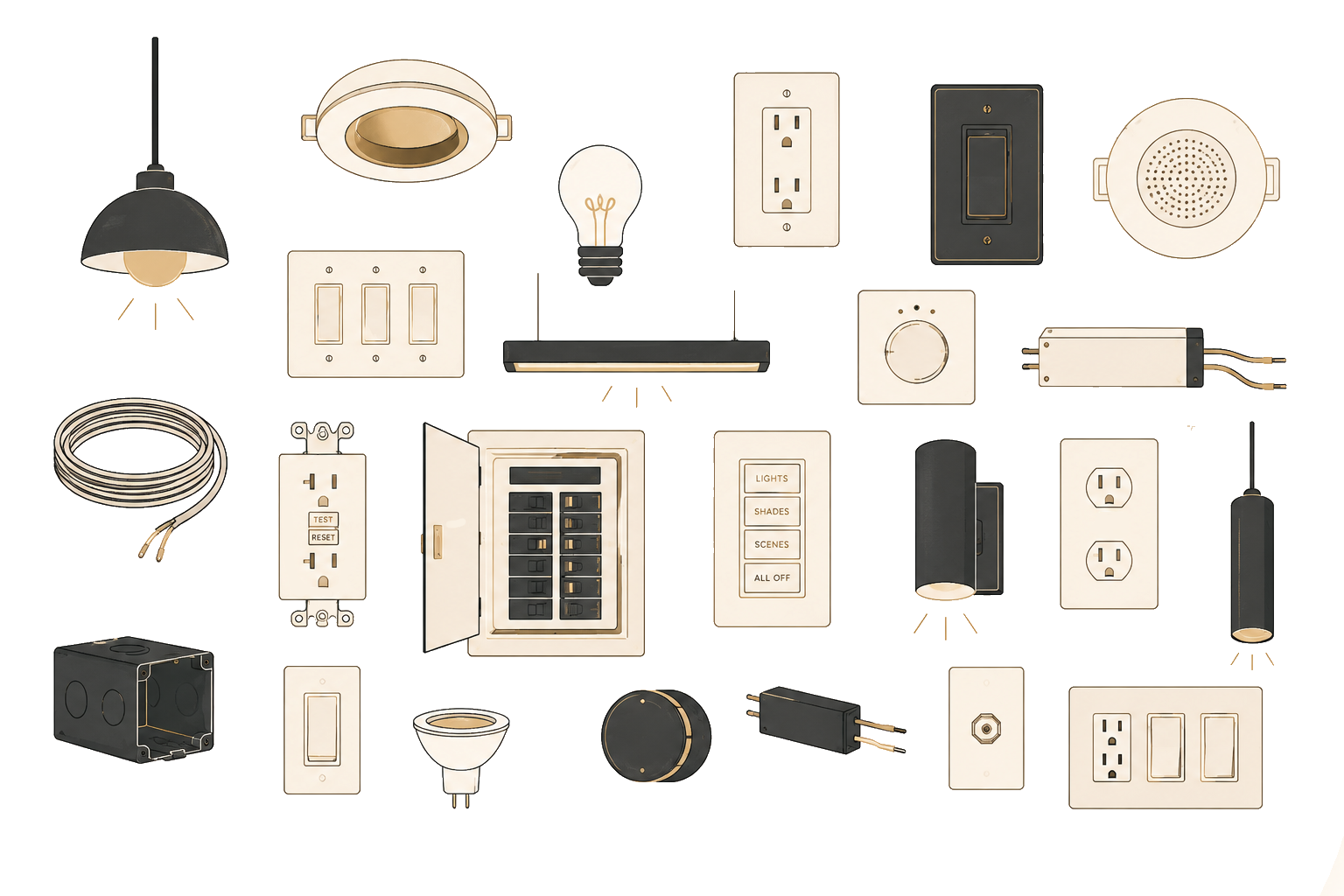 A collection of various electrical hardware and lighting fixtures including light switches, outlets, light bulbs, ceiling vents, a dimmer switch, power cords, a circuit breaker, wall plates, a motion sensor, and other electrical components.
