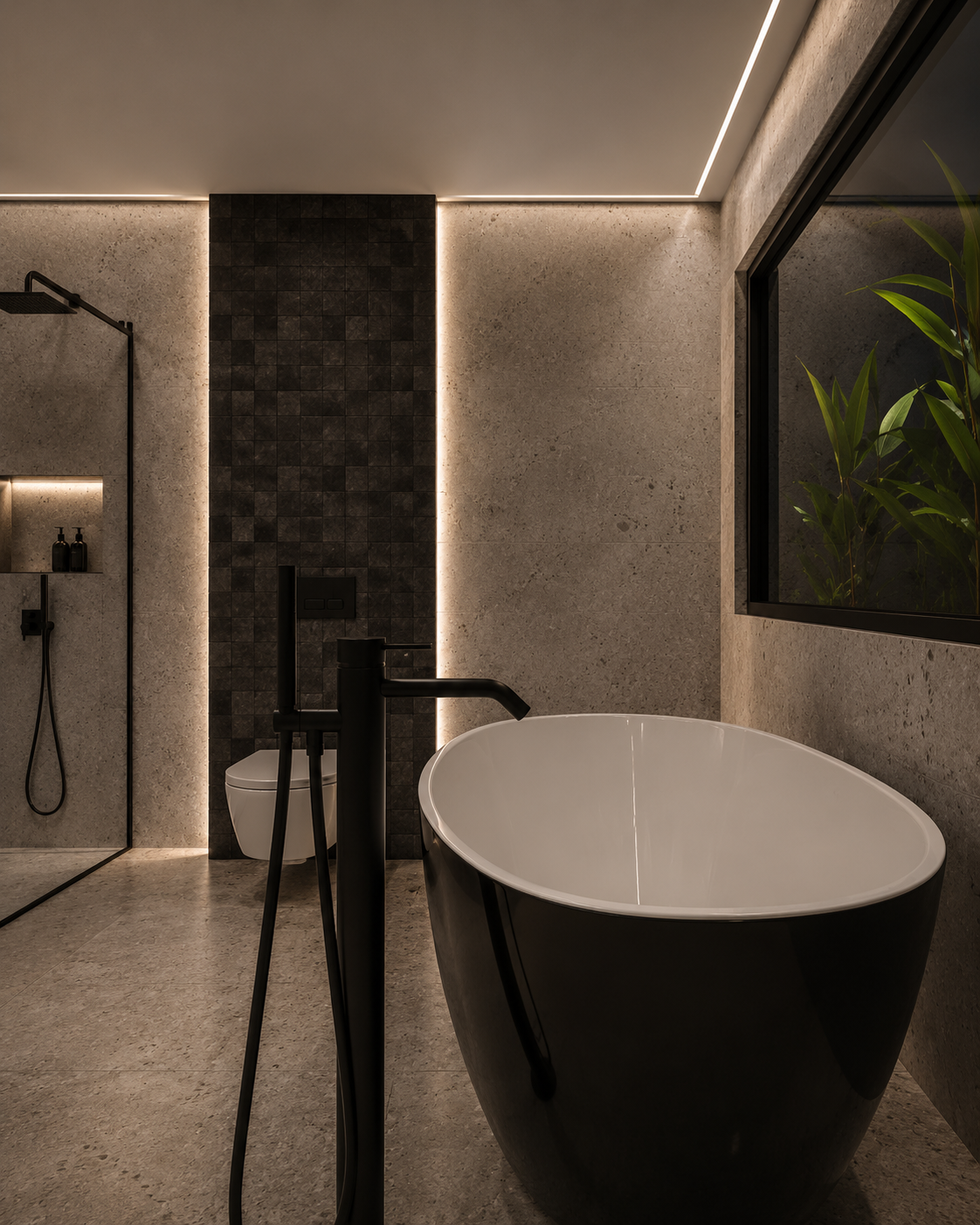 Modern bathroom with black freestanding bathtub, dark tiled accent wall, and walk-in shower with black fixtures, gray textured walls, and a large window with a plant outside.